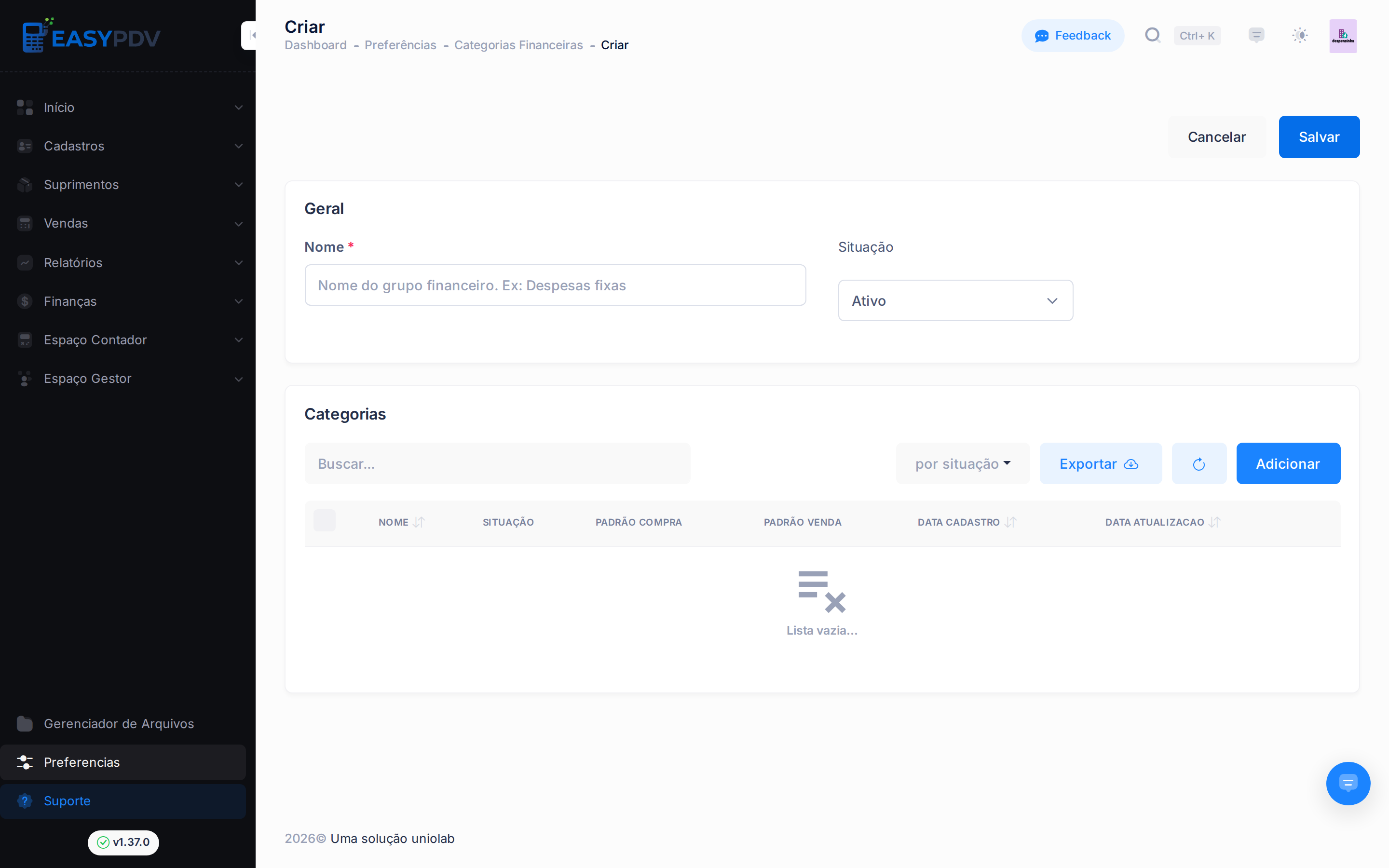 Página Criar grupo de categorias, com o bloco Geral e a tabela Categorias
