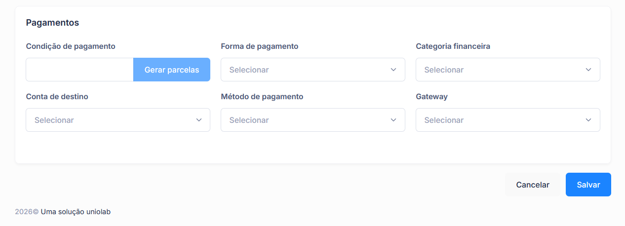 Formulário de cadastro de conta a receber, área de pagamento